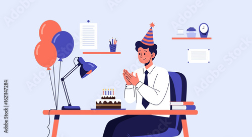 Enthusiastic Man Celebrates Birthday At The Office With Balloons And Birthday Cake