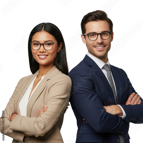 Businesswoman and businessman posing back to back isolated on transparent background