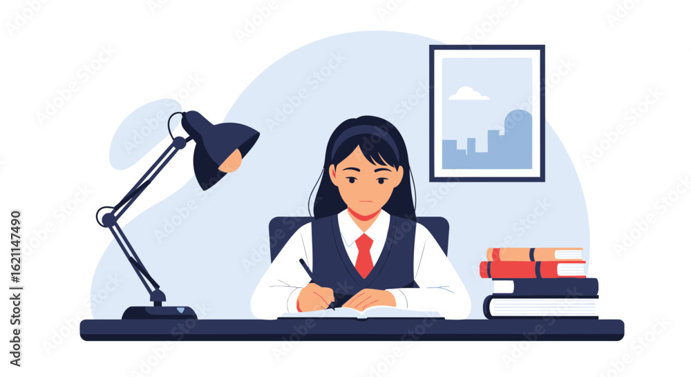 Fototapeta premium Diligent Student In Uniform Studying At Her Desk With Books And Lamp