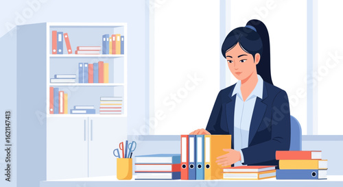 Diligent Female Employee Managing Paperwork And Organizing Files In The Office