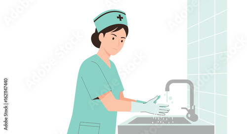 Diligent Nurse Cleansing Hands Under Running Water In Preparation For Patient Care