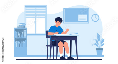 Diligent Student Concentrating On Homework At Desk In Minimalist Room