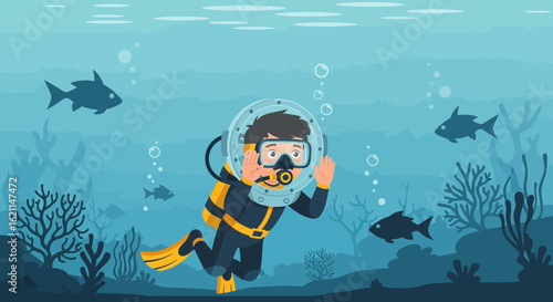 Enthusiastic Scuba Diver Exploring Marine Life Underwater With Vintage Helmet