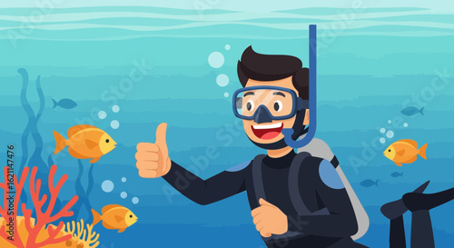 Enthusiastic scuba diver exploring underwater scenery with diverse marine life