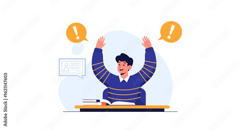 Enthusiastic student raising hands with excitement and knowledge in a classroom environment Enthusiastic student raising hands with excitement and knowledge in a classroom environment