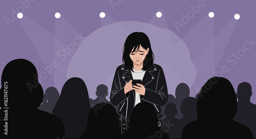 Distraught Girl Check Phone Amidst Crowd In Concert Setting Illustration