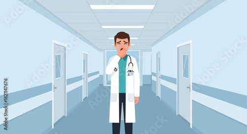 Distraught Doctor Crying Standing In Hospital Corridor After Difficult Situation