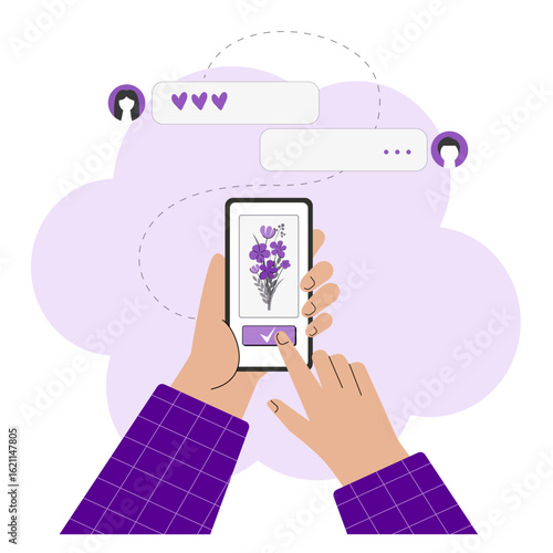 Hand holding smartphone with purple flower illustration on screen. Chat interface with avatars and hearts. Concept of social media sharing, messaging, or digital flower delivery.