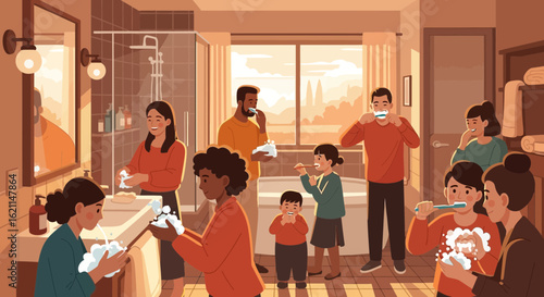 Diverse Family Performing Morning Hygiene Routine Together In Bright Bathroom