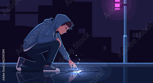 Ephemeral Moment: Youthful Connection With Mysterious Urban Reflection Under Dim Light