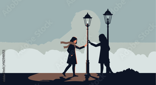 Evening Encounter Two Women Silhouette By The Street Lamp On Overcast Day