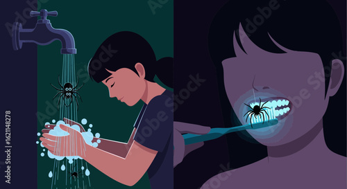 Everyday Nightmares A Person Encounters Spiders While Maintaining Hygiene