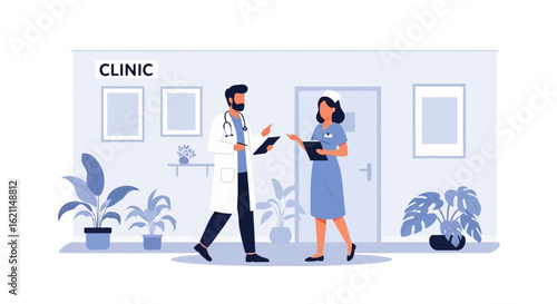 Doctor And Nurse Reviewing Patient Records In A Modern Clinic Office Setting