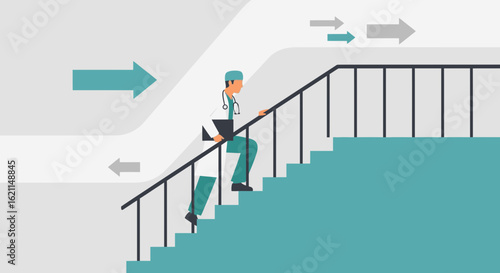 Doctor Ascending Stairs Towards Success In Career Advancement And Progress