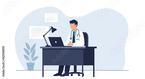 Doctor Concentrating On Paperwork At His Office Desk With Laptop