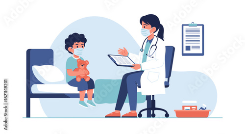 Doctor Consults Young Patient Wearing Mask In Clinic For Health Examination