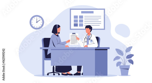 Doctor Discussing Medical Test Results With Patient At Office Desk Illustration