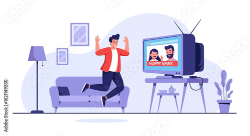 Excited Man Jumping And Celebrating Positive News Broadcast On Television