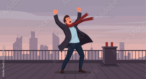 Frustrated businessman shouting out loud in despair on rooftop with city view
