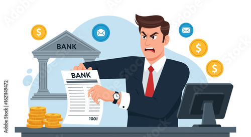 Frustrated businessman with bank statement expressing anger over financial issues and bank charges
