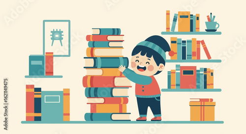 Excited Student Arranging Books Shelves Education Vector Scene