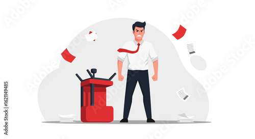 Frustrated Businessman With Broken Office Chair Surrounded By Flying Papers