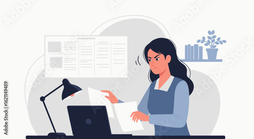 Frustrated businesswoman at desk overwhelmed by paperwork and looming deadlines expressing anger