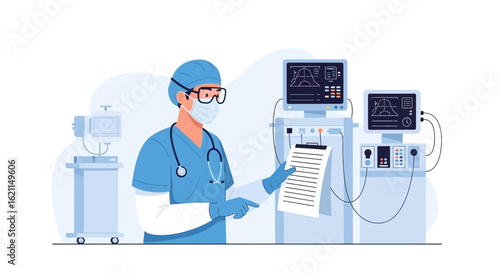 Doctor In Scrubs Analyzing Patient Data In A Hospital Intensive Care Unit