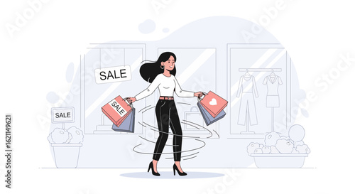 Excited Woman Shopping On Sale In Front Of The Store With Many Bags
