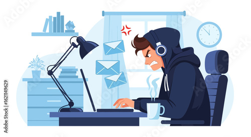 Frustrated coder overwhelmed by email overload working late at night concept