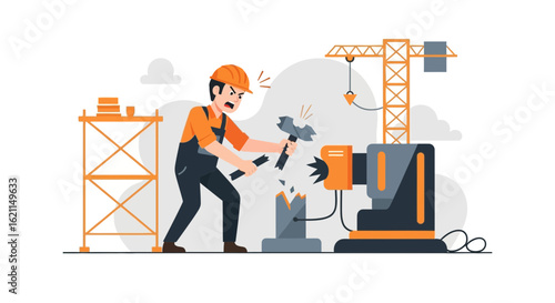 Frustrated construction worker damaging machinery due to jobsite problems and anger issues with a broken hammer and damaged equipment