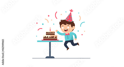Excited Youngster Celebrates A Birthday Jumping Joyfully Near A Layered Cake