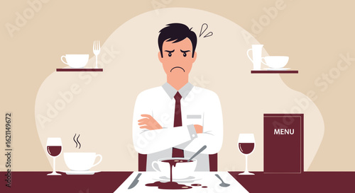 Frustrated Customer After Coffee Spill Illustration In Restaurant Scene
