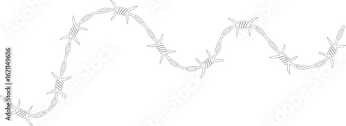 Barbed wire forming a line with irregular staggered steps and barbs distributed along its path.