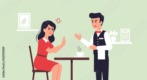 Frustrated customer confronting waiter about unsatisfactory service at restaurant