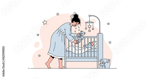 Exhausted Mother Trying To Comfort Baby In Crib During Sleepless Night