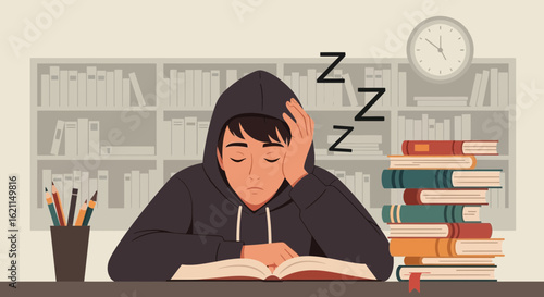 Exhausted Student Napping Over Books During Late Night Study Session