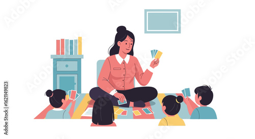 Educator Teaches Kids Playing Card Game In Relaxed Indoor Environment