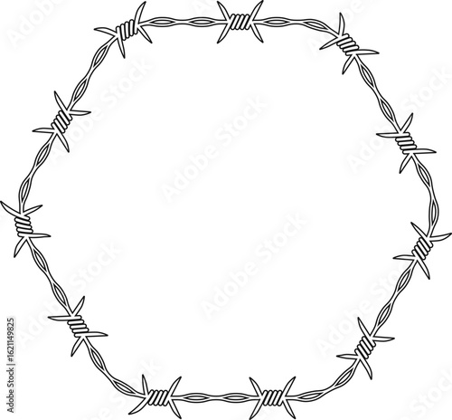 Barbed wire element forming a polygon with six sides and barbs distributed along its path.