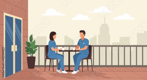 Doctors Taking A Coffee Break At Balcony In The City With Skyline Views