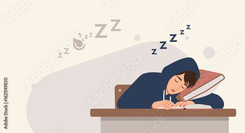 Exhausted Student Napping on Desk During Study Session with Book Pillow
