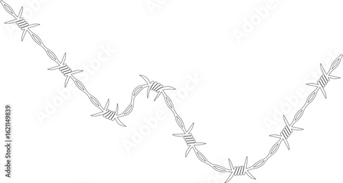 Barbed wire element forming a wave shape and barbs distributed along its path.