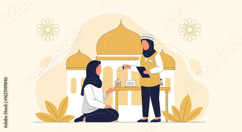 Donation For Mosque Building With Hijab Volunteer And Benefactor