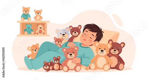 Dreamy Slumber Among Beloved Plush Companions In Peaceful Illustration Style