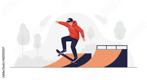 Dynamic Skateboarding Illustration Capturing Movement And Energy In Urban Skatepark