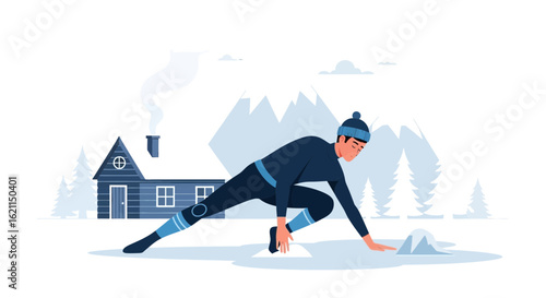 Early Morning Workout in Snowy Mountains Near Cosy Winter Cabin