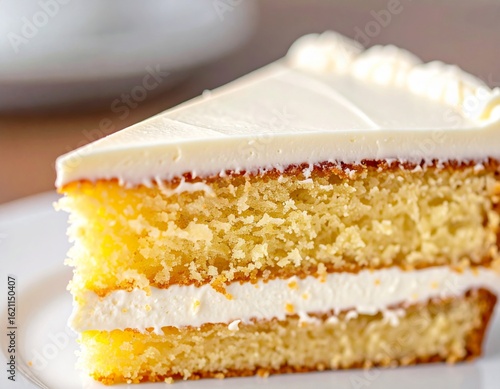 Close Up of Delicious Slice of Cake with White Icing on White Background