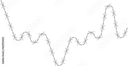 Barbed wire forming a chaotic zigzag pattern with varying angles and barbs placed unevenly.