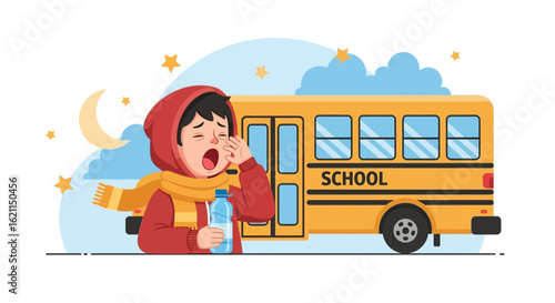 Early Morning School Run Depicts Tired Student Waiting For School Bus