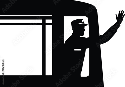 Silhouette of a bus driver waving from the window, representing public transportation and urban commuting isolated on white background